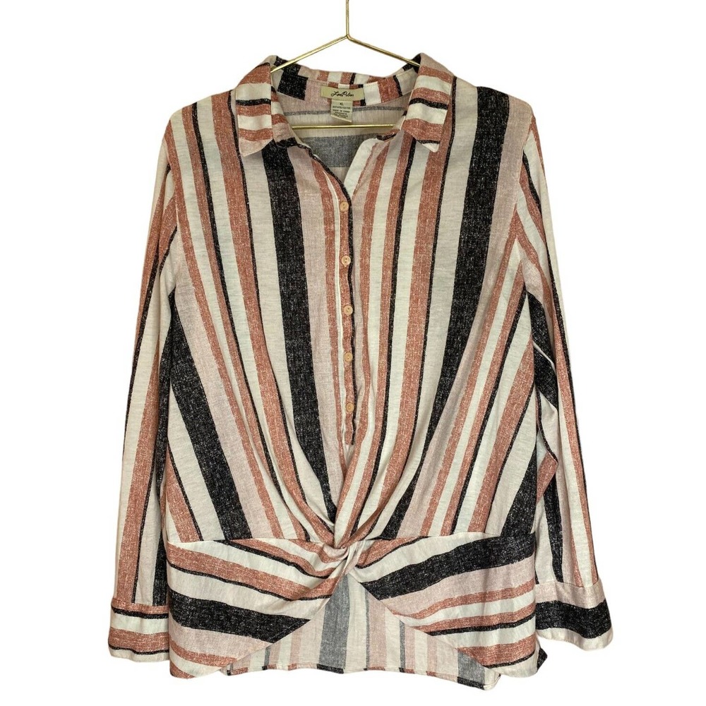 Love Potion Shirt Women’s XL Cream Rose Navy Striped Long Sleeve‎ Front Knot
